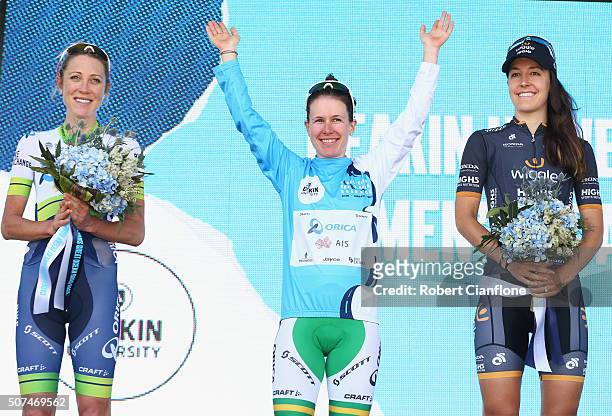 Amanda Spratt of Orica-AIS with Rachel Neylan of Orica-AIS and Danielle King of Wiggle High5 after winning the Elite Women's road race at the 2016...