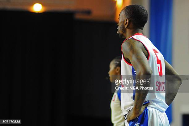 Russ Smith of the Delaware 87ers looks on during the game against the Raptors 905 on January 29, 2016 at the Bob Carpenter Center in Newark,...