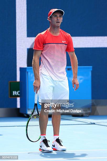 Oliver Anderson of Australia reacts in his Junior Boys' Singles Final match against Jurabeck Karimov of Uzbekistan during the Australian Open 2016...