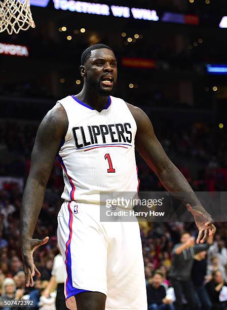 Lance Stephenson of the Los Angeles Clippers reacts after his dunk during a 105-93 win over the Los Angeles Lakers at Staples Center on January 29,...