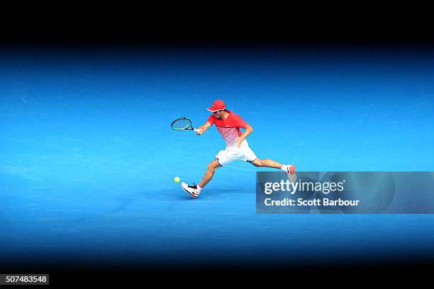 Oliver Anderson of Australia plays a forehand in his Junior Boys' Singles Final match against Jurabeck Karimov of Uzbekistan during the Australian...