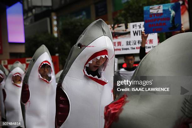 Activists dressed in bloodied shark suits take part in a protest to draw attention to the shark fin trade, in the Causeway Bay district of Hong Kong...