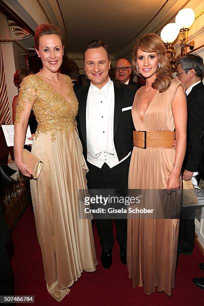 Bettina Wulff, fashion designer Guido Maria Kretschmer and Mareile Hoeppner during the Semper Opera Ball 2016 at Semperoper on January 29, 2016 in...