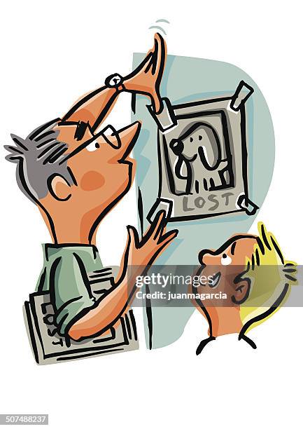 family looking for their lost pet, hanging signs of lost - light at the end of the tunnel stock illustrations stock illustrations