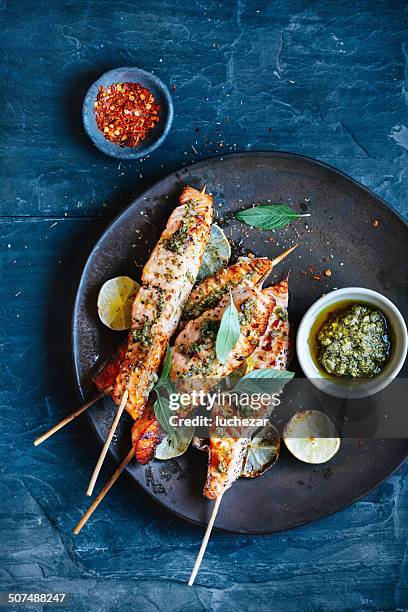 salmon satay - thai food stock pictures, royalty-free photos & images