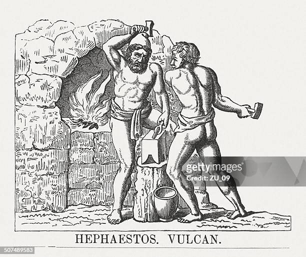 hephaestus, greek god of blacksmiths, wood engraving, published in 1878 - vulcan stock illustrations