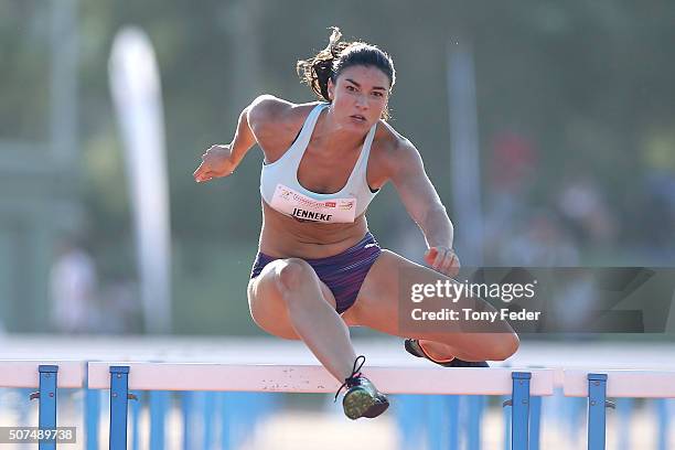 Michelle Jenneke of NSW wins the womens 110m hurdles during the 2016 Hunter Track Classic on January 30, 2016 in Newcastle, Australia.