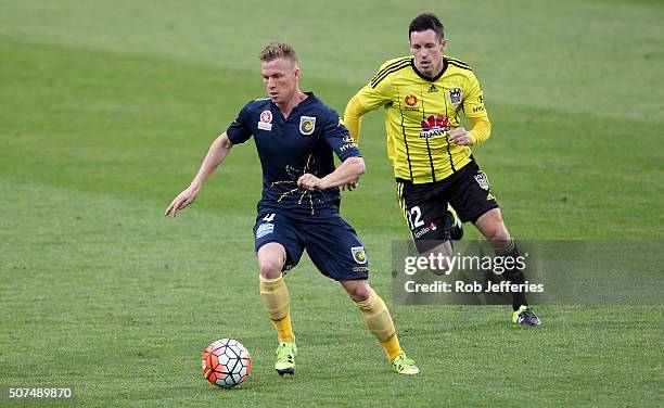 Jacob Poscoliero of the Central Coast Mariners coontrols the ball during the round 17 A-League match between the Wellington Phoenix and the Central...