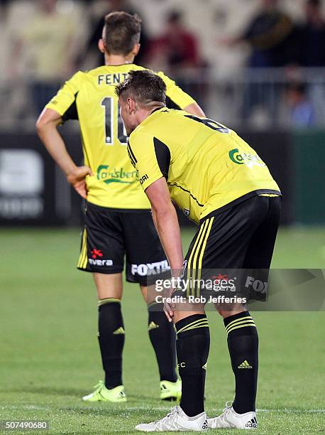 Dejected Dylan Fox and Louis Fenton of the Wellington Phoenix after their loss to the Central Coast Mariners during the round 17 A-League match...