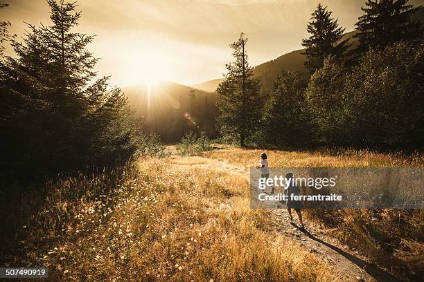 bambini correre verso il sole - two young boys foto e immagini stock