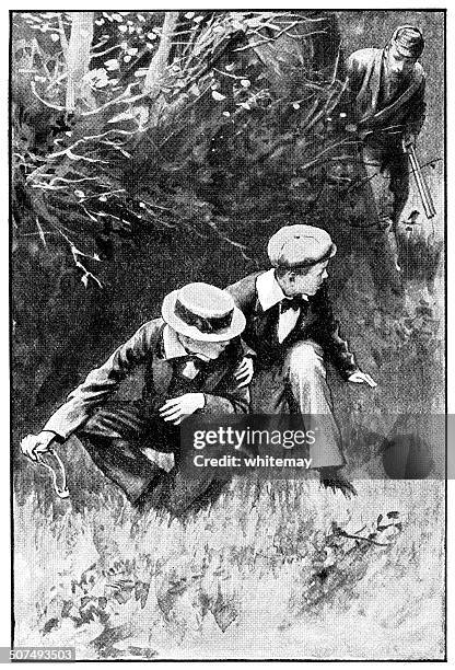 discovered - two victorian boys with a catapult - deerstalker hat stock illustrations