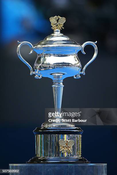 The Daphne Akhurst Trophy is on display ahead of the Women's Singles Final match between Serena Williams of the United States and Angelique Kerber of...