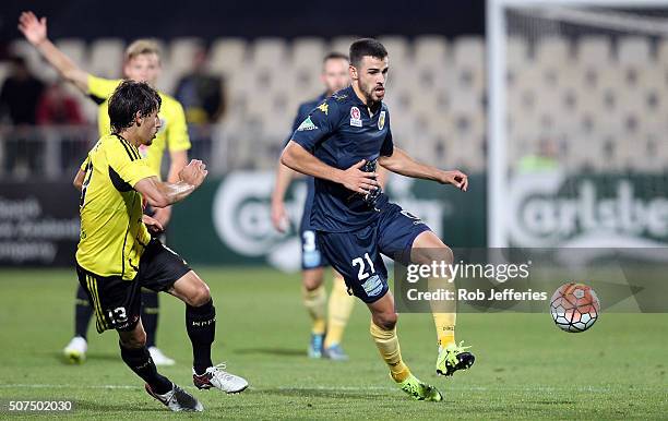 Michael Neill of the Central Coast Mariners in action during the round 17 A-League match between the Wellington Phoenix and the Central Coast...