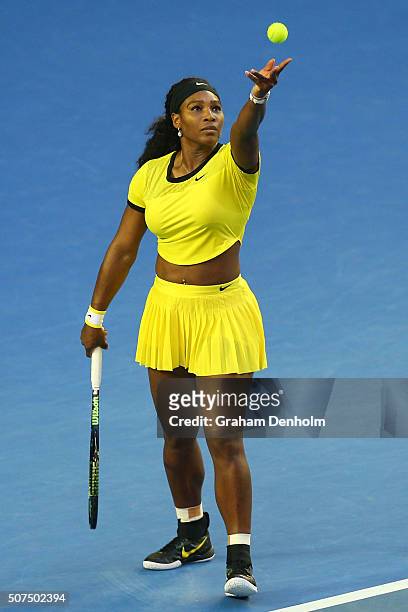 Serena Williams of the United States serves in her Women's Singles Final match against Angelique Kerber of Germany during day 13 of the 2016...