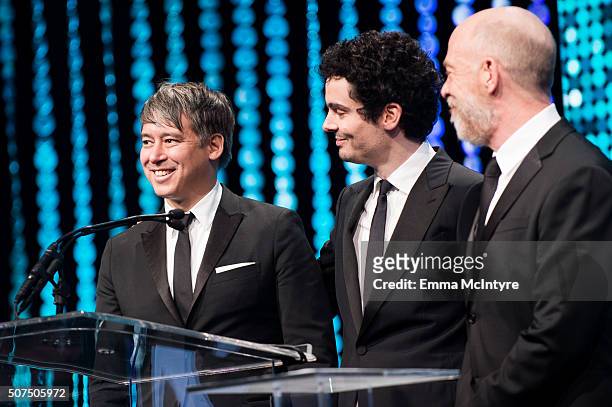 Editor Tom Cross, director Damien Chazelle and actor J.K. Simmons speak onstage at the 66th Annual ACE Eddie Awards at The Beverly Hilton Hotel on...