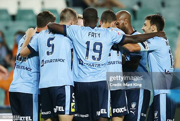 Alex Gersbach of Sydney FC celebrates scoring a goal during the round 17 A-League match between Sydney FC and the Brisbane Roar at Allianz Stadium on...