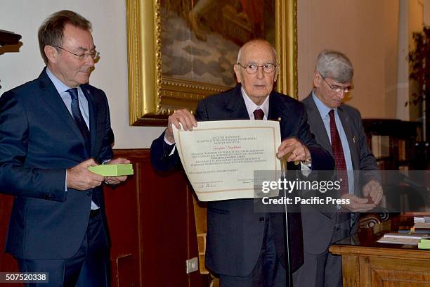 Senator Giorgio Napolitano - eleventh President of the Italian Republic - receives the Postgraduate Diploma of the National Society of Sciences,...