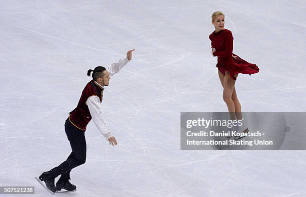 Tatiana Volosozhar and Maxim Trankov of Russia perform during Pairs Free Skating on day four of the ISU European Figure Skating Champinships 2016 on...