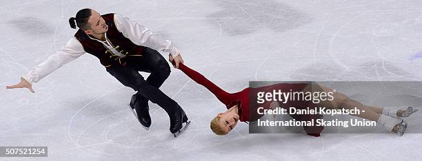 Tatiana Volosozhar and Maxim Trankov of Russia perform during Pairs Free Skating on day four of the ISU European Figure Skating Champinships 2016 on...