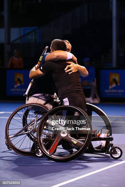 Stephane Houdet and Nicolas Peifer of France celebrate winning the Men's Wheelchair Doubles Final at the Australian Open 2016 Wheelchair...