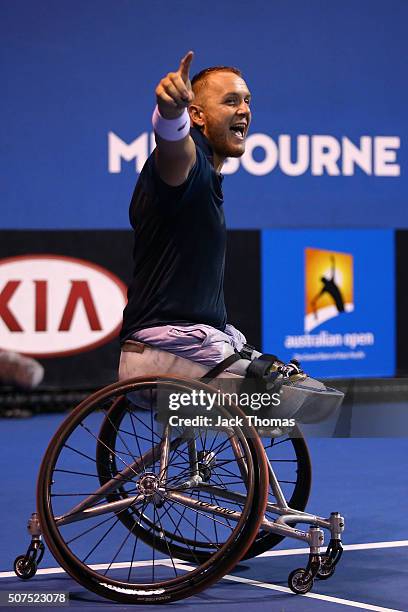 Nicolas Peifer of France celebrates winning the Men's Wheelchair Doubles Final at the Australian Open 2016 Wheelchair Championships at Melbourne Park...