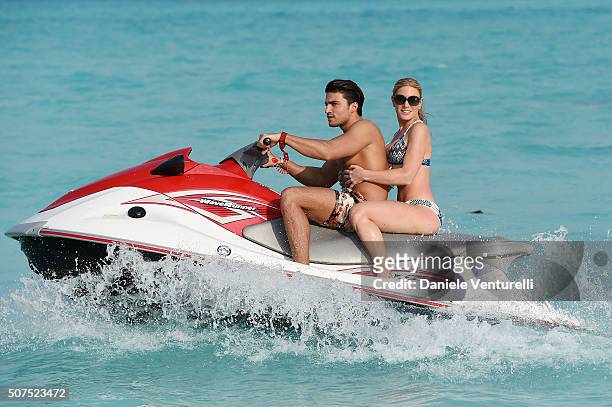 Mariano Di Vaio and Hofit Golan pose during the vacation at Hideaway Beach Resort & Spa on January 30, 2016 in Dhonakulhi, Maldives.