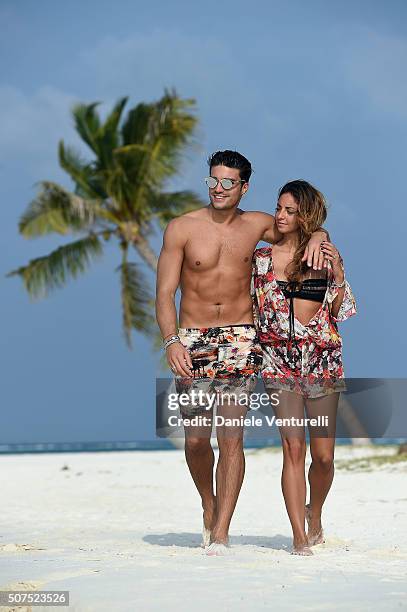 Mariano Di Vaio and Eleonora Brunacci pose during the vacation at Hideaway Beach Resort & Spa on January 30, 2016 in Dhonakulhi, Maldives.