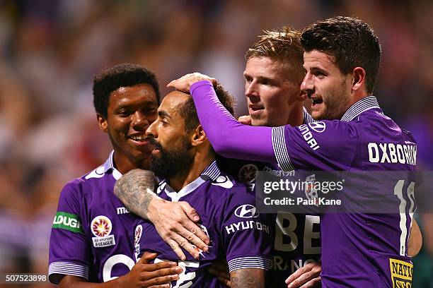 Diego Castro of the Glory celebrates a goal from a penalty kick with Jamal Reiners, Andy Keogh and Mitchell Oxborrow during the round 17 A-League...