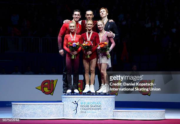 Silver medalists Aliona Savchenko and Bruno Massot of Germany , gold medalists Tatiana Volosozhar and Maxim Trankov of Russia and Evgenia Tarasova...
