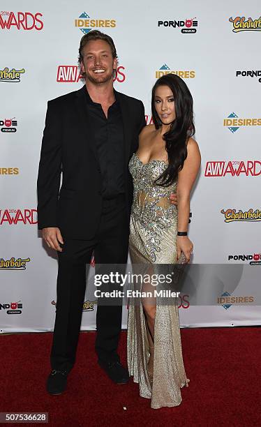 Erik Horbacz and adult film actress Eva Lovia attend the 2016 Adult Video News Awards at the Hard Rock Hotel & Casino on January 23, 2016 in Las...