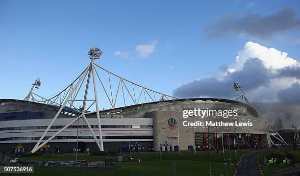 General view of the Macron Stadium during The Emirates FA Cup Fourth Round match between Bolton Wanderers and Leeds United at Macron Stadium on...