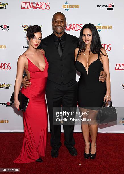 Adult film actress Jada Stevens, adult film director MimeFreak and adult film actress Ava Addams attend the 2016 Adult Video News Awards at the Hard...