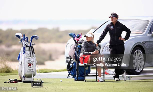 Carly Booth of Scotland and Amy Boulden of Wales pictured during the Amateur Championship of the Abu Dhabi Invitational at Yas Links Golf Course on...