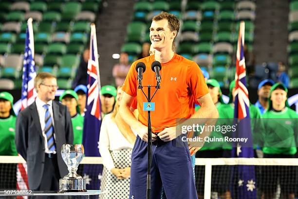 Jamie Murray of Great Britain speaks during the presentation of the winners trophy after his Men's Doubles Final match with Bruno Soares of Brazil...