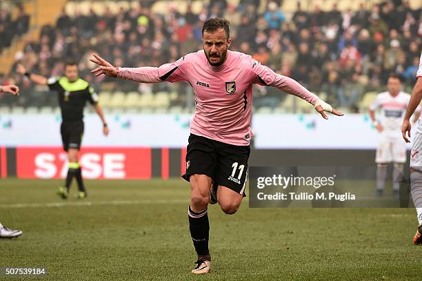 Alberto Gilardino of Palermo celebrates after scoring the opening goal during the Serie A match between Carpi FC and US Citta di Palermo at Alberto...