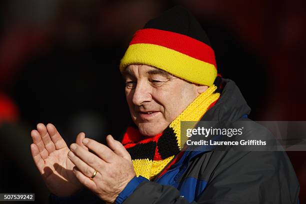 Watford supporter is seen prior to the Emirates FA Cup fourth round between Nottingham Forest and Watford at City Ground on January 30, 2016 in...