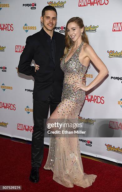 Tucker Elliott and adult film actress Kendra Sunderland attend the 2016 Adult Video News Awards at the Hard Rock Hotel & Casino on January 23, 2016...