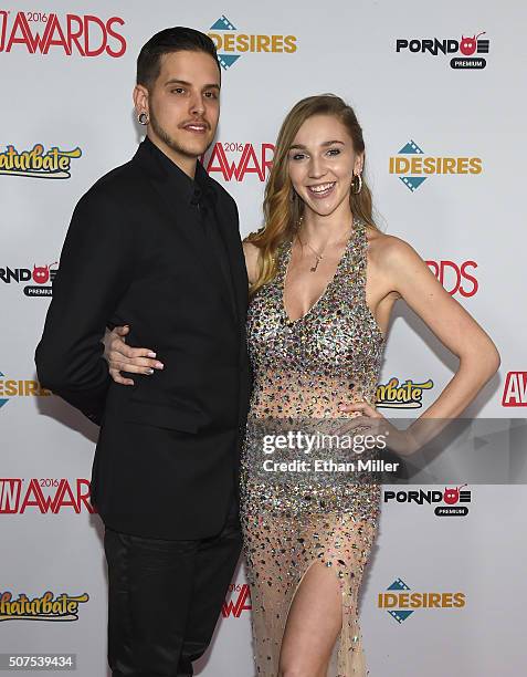 Tucker Elliott and adult film actress Kendra Sunderland attend the 2016 Adult Video News Awards at the Hard Rock Hotel & Casino on January 23, 2016...