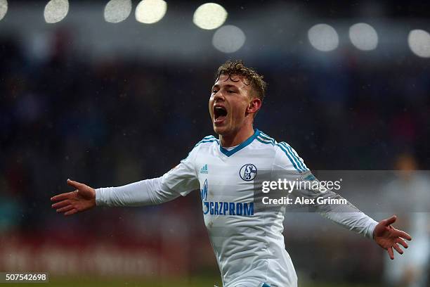 Max Meyer of Schalke celebrates his team's first goal during the Bundesliga match between SV Darmstadt 98 and FC Schalke 04 at Merck-Stadion am...