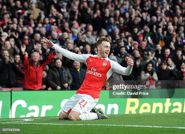 Calum Chambers celebrates scoring a goal for Arsenal during the match between Arsenal and Burnley in the FA Cup 4th round at Emirates Stadium on...