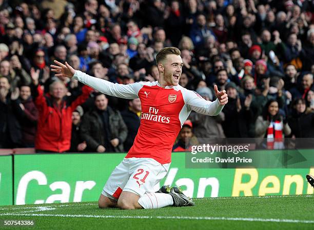 Calum Chambers celebrates scoring a goal for Arsenal during the match between Arsenal and Burnley in the FA Cup 4th round at Emirates Stadium on...