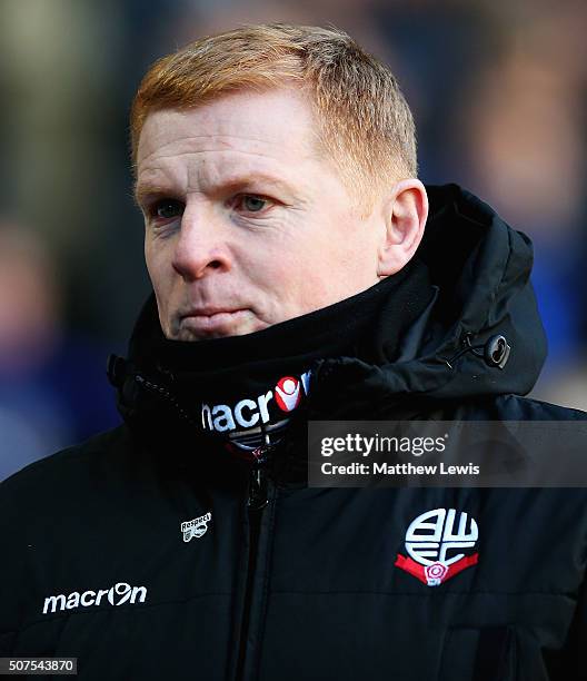 Neil Lennon, manager of Bolton Wanderers looks on during The Emirates FA Cup Fourth Round match between Bolton Wanderers and Leeds United at Macron...