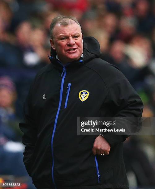 Steve Evans, manager of Leeds United looks on during The Emirates FA Cup Fourth Round match between Bolton Wanderers v Leeds United at Macron Stadium...
