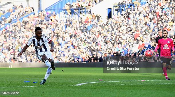 Saido Berahino of West Bromwich Albion scores his team's first goal during the Emirates FA Cup Fourth Round match between West Bromwich Albion and...