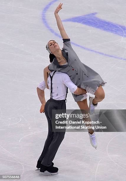 Charlene Guignard and Marco Fabbri of Italy perform during Ice Dance Free Dance on day four of the ISU European Figure Skating Championships 2016 on...