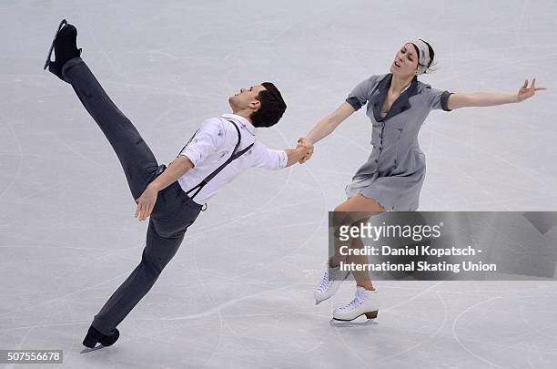 Charlene Guignard and Marco Fabbri of Italy perform during Ice Dance Free Dance on day four of the ISU European Figure Skating Championships 2016 on...