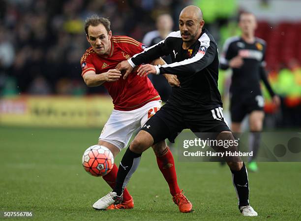 David Vaughan of Nottingham Forest battles with Nordin Amrabat of Watford during the Emirates FA Cup Fourth Round match between Nottingham Forest and...