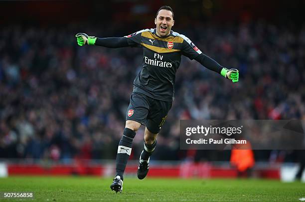 David Ospina of Arsenal celebrates his team's second goal during the Emirates FA Cup Fourth Round match between Arsenal and Burnley at Emirates...