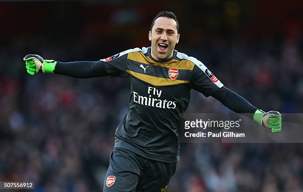 David Ospina of Arsenal celebrates his team's second goal during the Emirates FA Cup Fourth Round match between Arsenal and Burnley at Emirates...