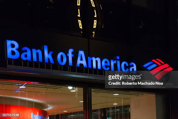 Night view of logo of the Bank of America Tower. It is an American multinational banking and financial services corporation.